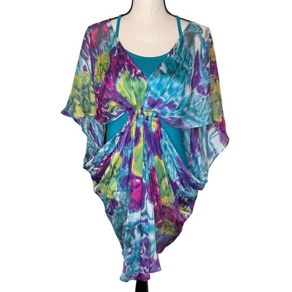 Gibson Teal Tank With Watercolor Silk Overlay Top Sz S - Picture 1 of 15